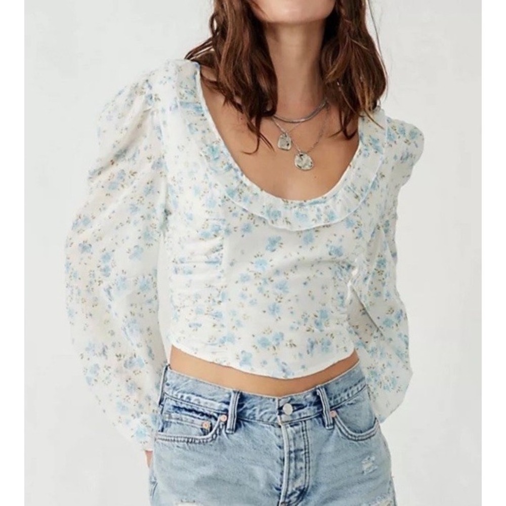 Free People Another Life Women Small White Cropped Long Sleeve Floral Blouse Top